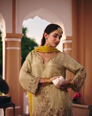 Pista Green and Copper Farshi Salwar Suit