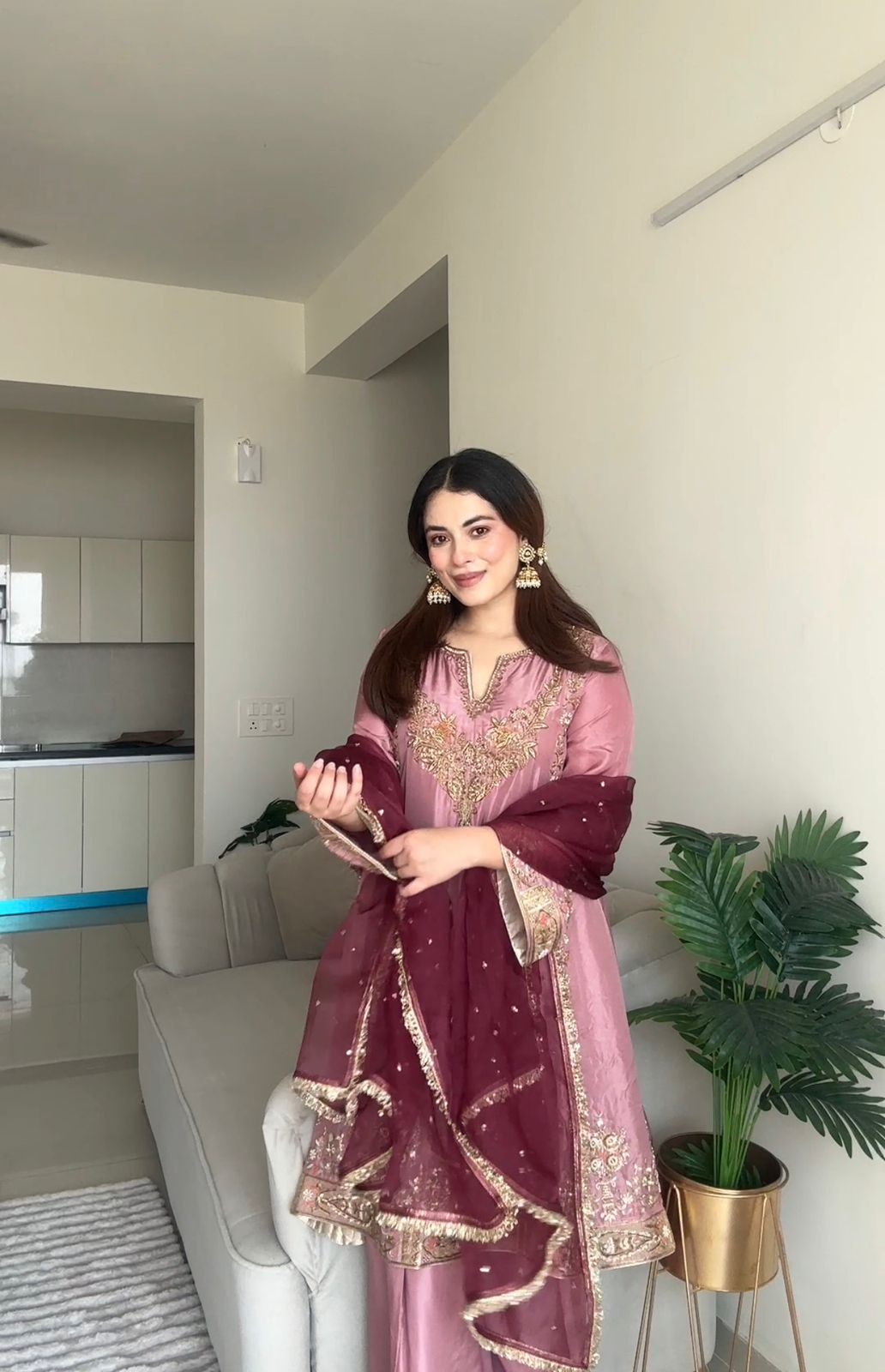 Dusty Rose and Wine A-Line Salwar Suit