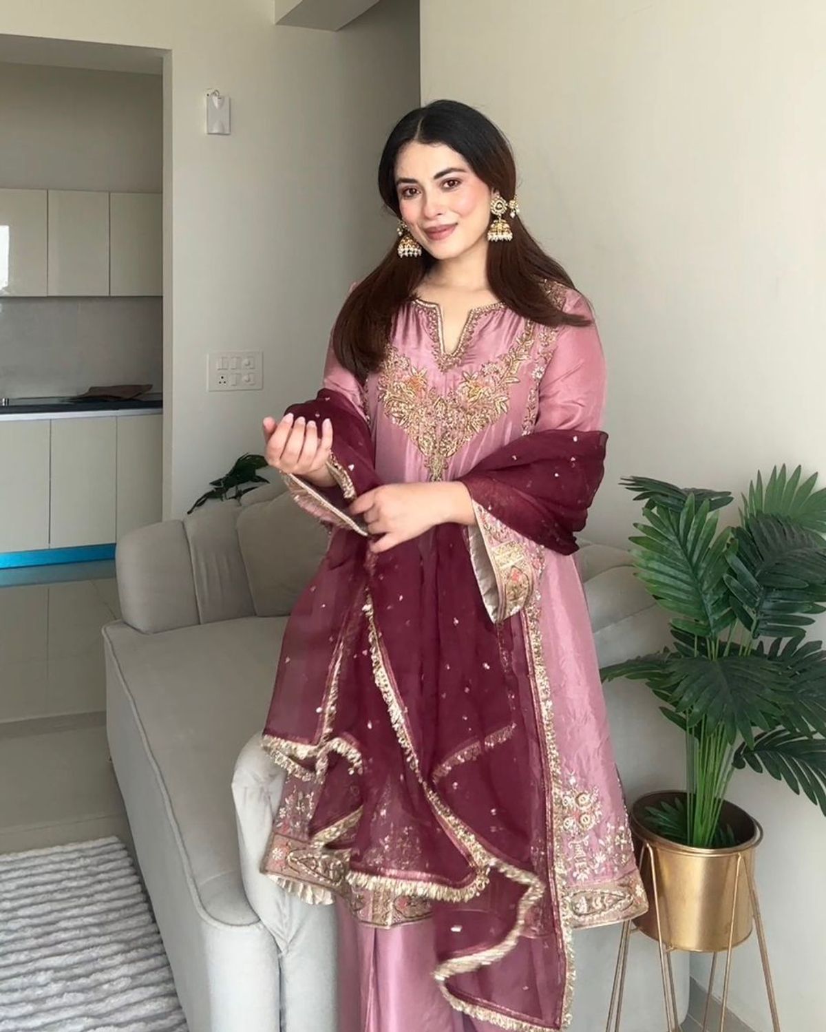 Dusty Rose and Wine A-Line Salwar Suit