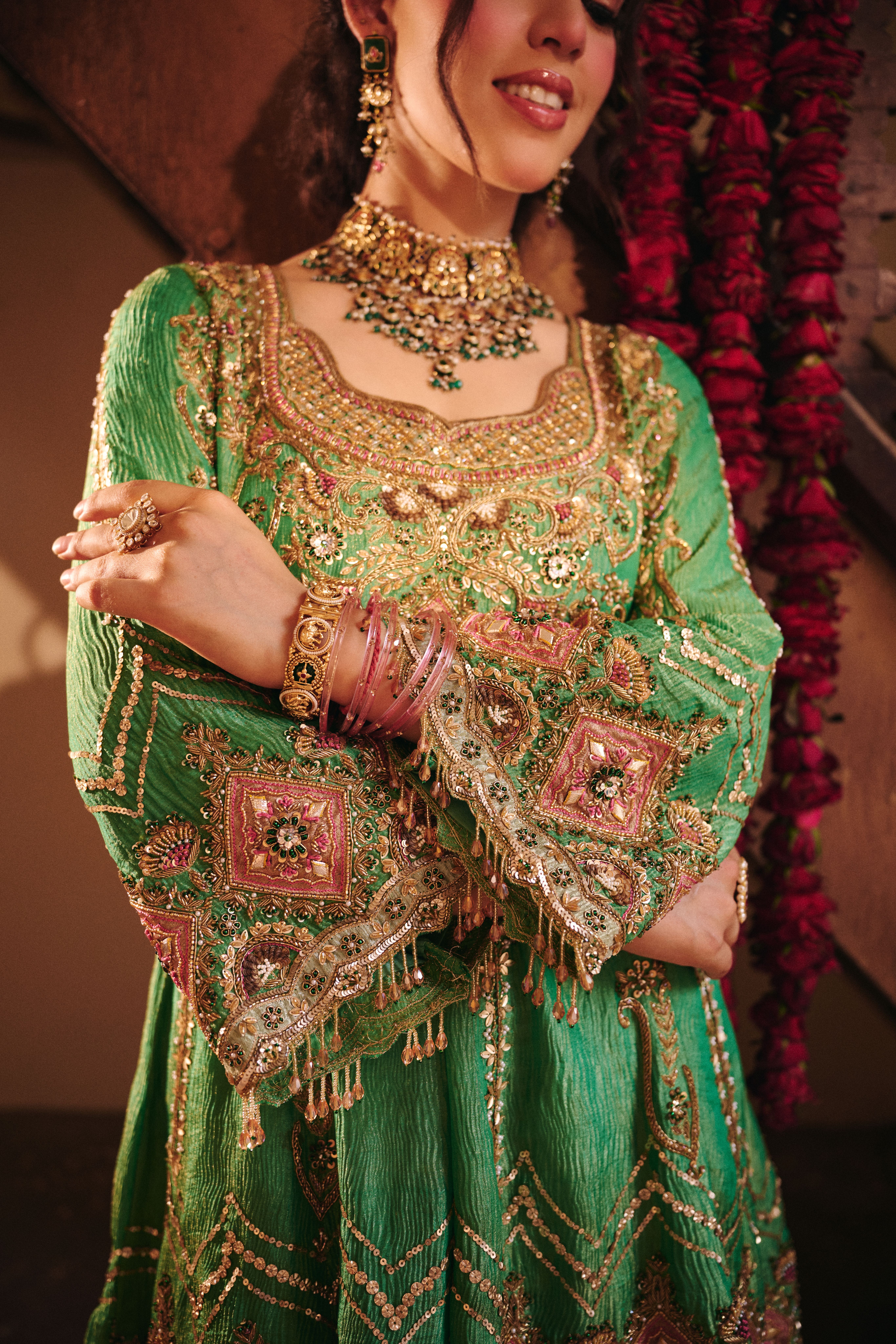 3D Green with Hot Pink Dupatta Gharara Set