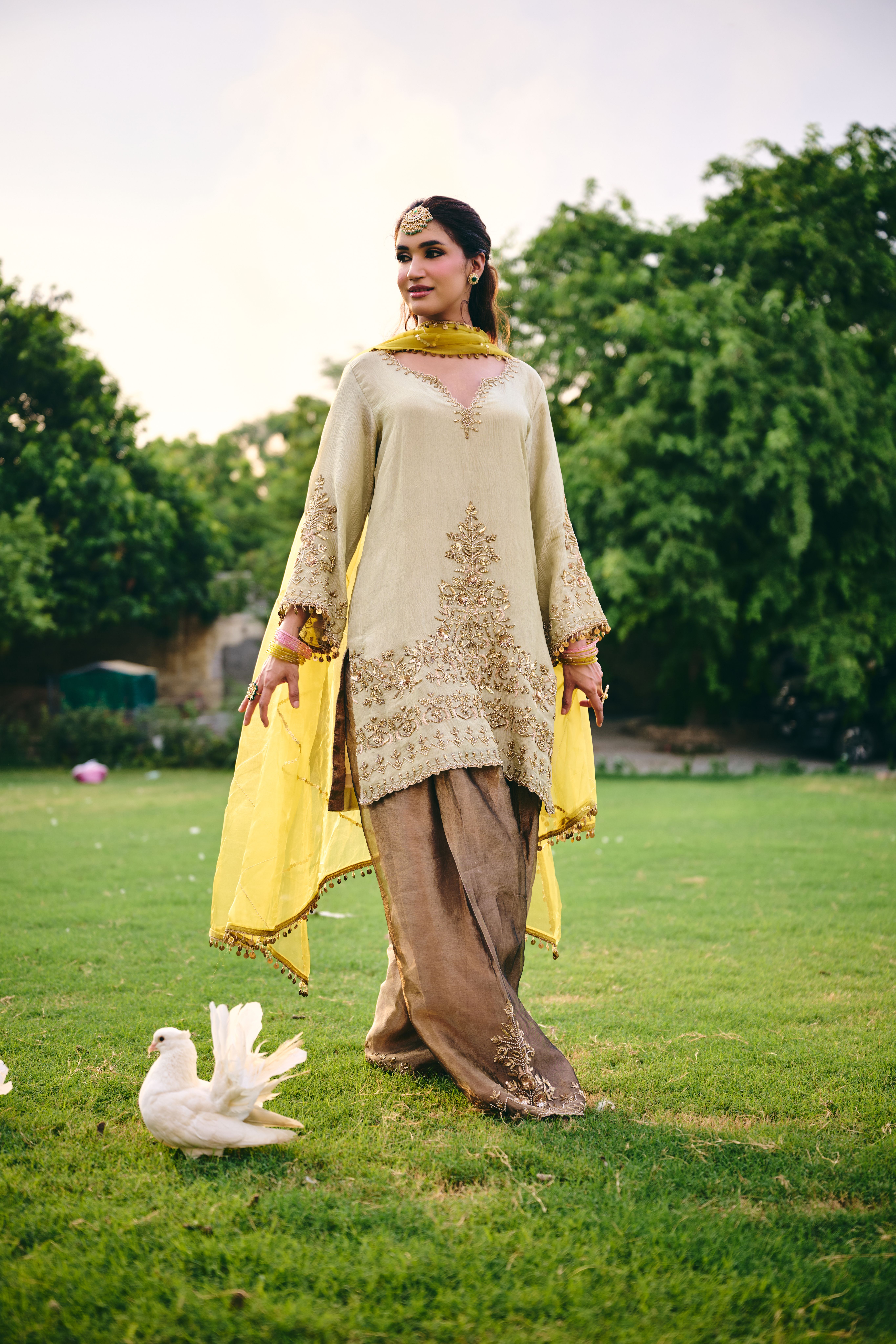 Pista Green and Copper Farshi Salwar Suit