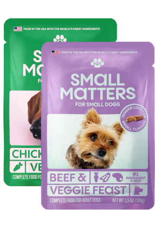 Chicken & Veggie Feast pouch behind Beef & Veggie Feast pouch