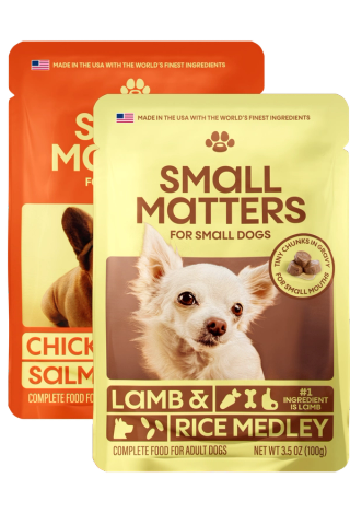 Chicken & Salmon Medley pouch behind Lamb & Rice Medley pouch