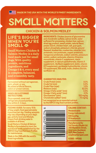 Chicken & Salmon Medley pouch back of pack