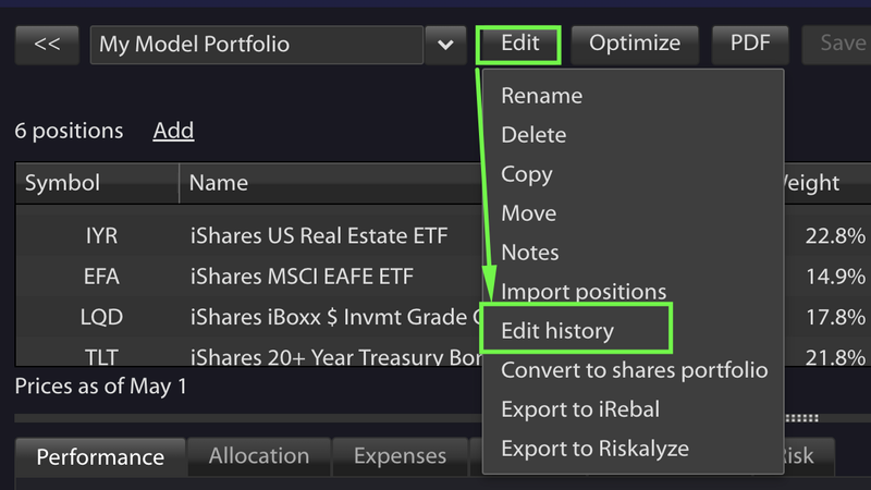 Editing a Model Portfolio History