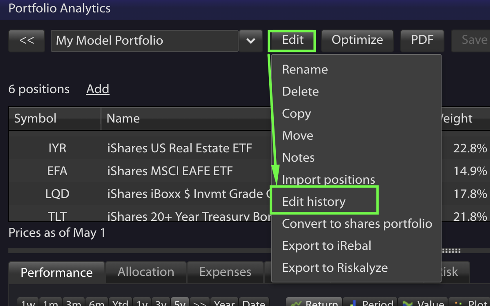Editing a Model Portfolio History