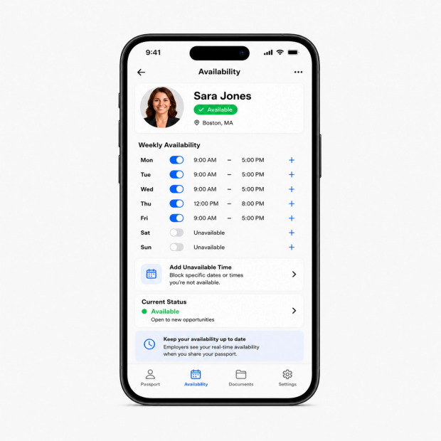 The Work Passport app weekly availability screen with daily hours and current status
