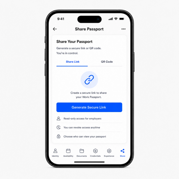 The Work Passport app share screen generating a secure read-only link or QR code for employers