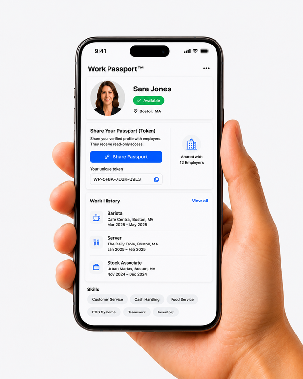The Work Passport app showing a worker’s verified profile, share token, work history and skills