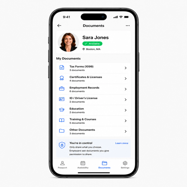The Work Passport app documents screen with tax forms, certificates, licenses and records