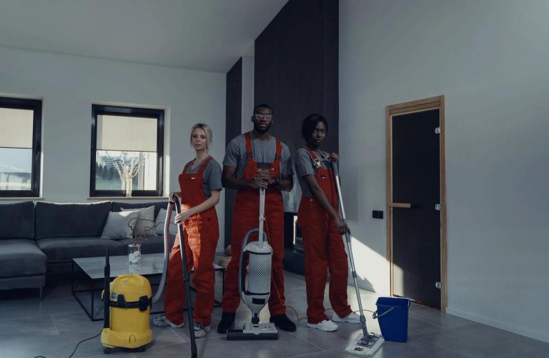 A three-person cleaning crew in orange overalls with their equipment