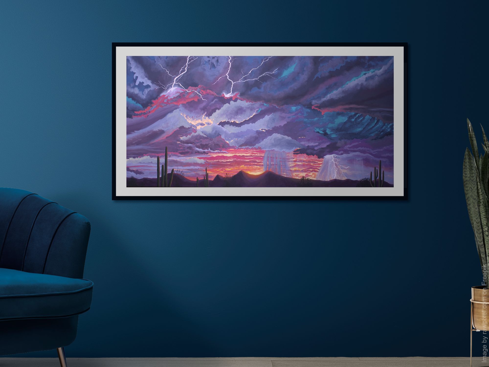Fine Art Giclèe Print of "Purple Walls." Monsoon crosses over a desert landscape. Purple and blue clouds swirl across the sky with lightning dispersed throughout. A pink and orange sunset illuminates the mountains below.