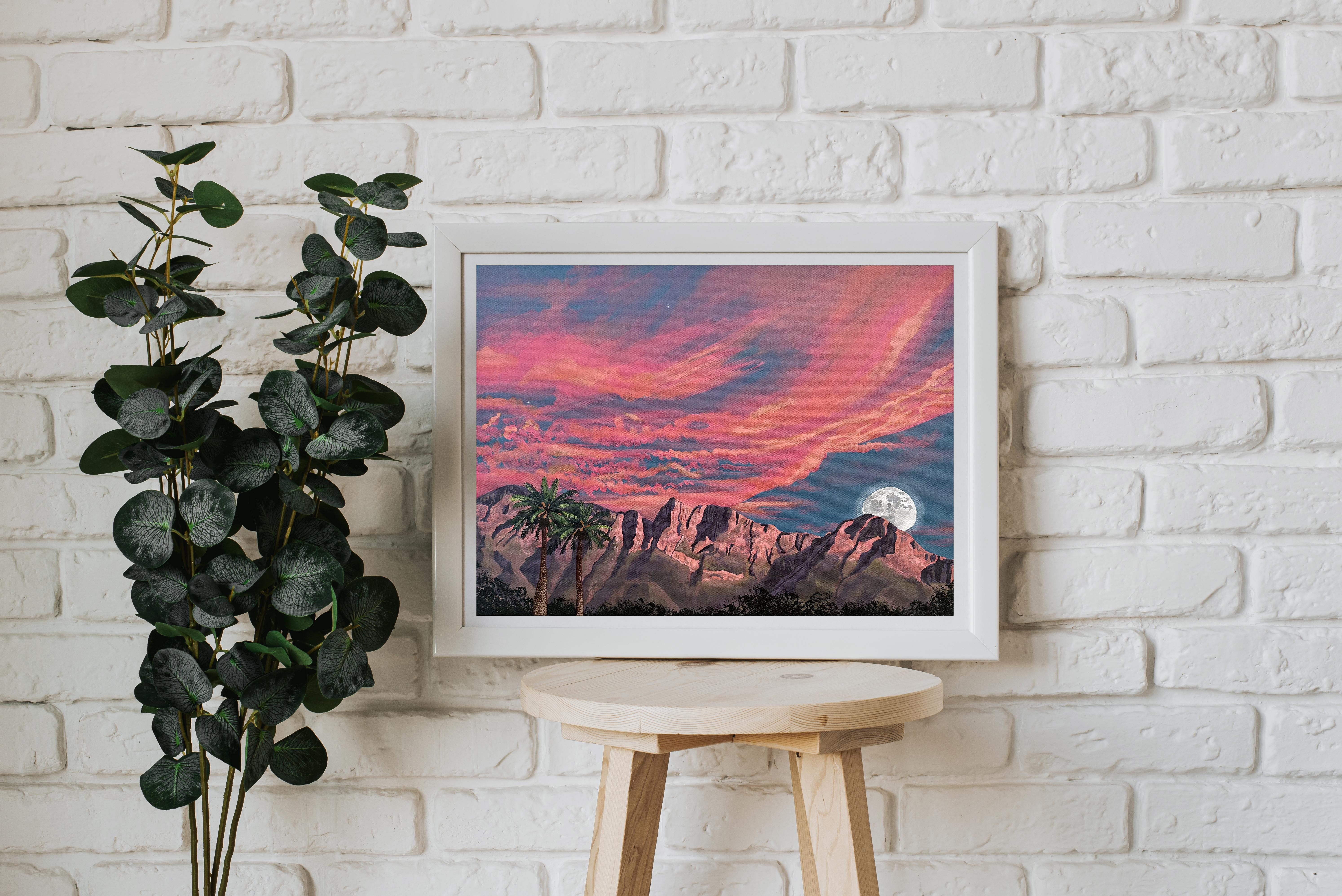 Catalina Moon Fine Art Print Giclèe Print.  Moon sets over the Catalina mountains in Tucson, AZ. Pink and orange clouds cover the sky. Three stars peek out. Palm trees in the foreground.