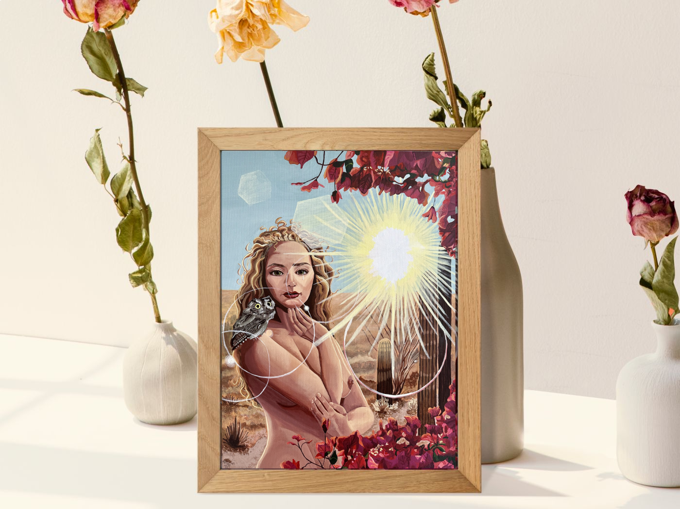 Duality Fine Art Giclèe Print. Woman standing in desert landscape surrounded by the glowing sun and bougainvillea flowers. A wise owl sits on her shoulders.