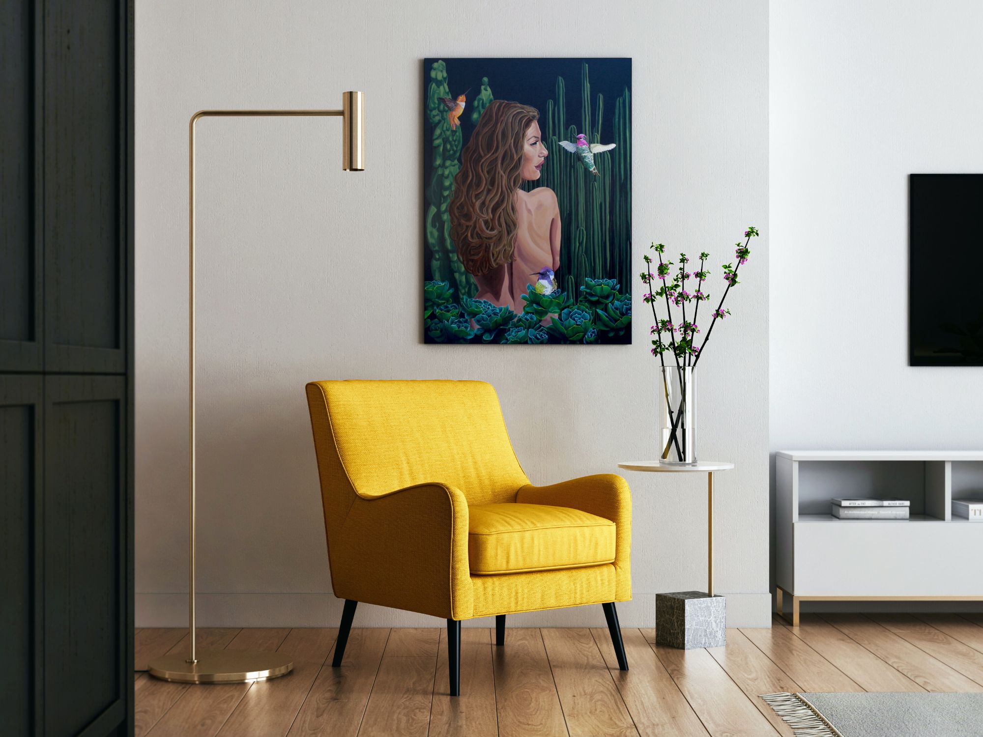 Original Painting. Woman sits surrounded by desert cacti. Totem pole and Mexican fence post. Teal Succulents line the bottom front and also holds a beautiful green and purple hummingbird. Two other hummingbirds fly around her. One pink and one orange. 