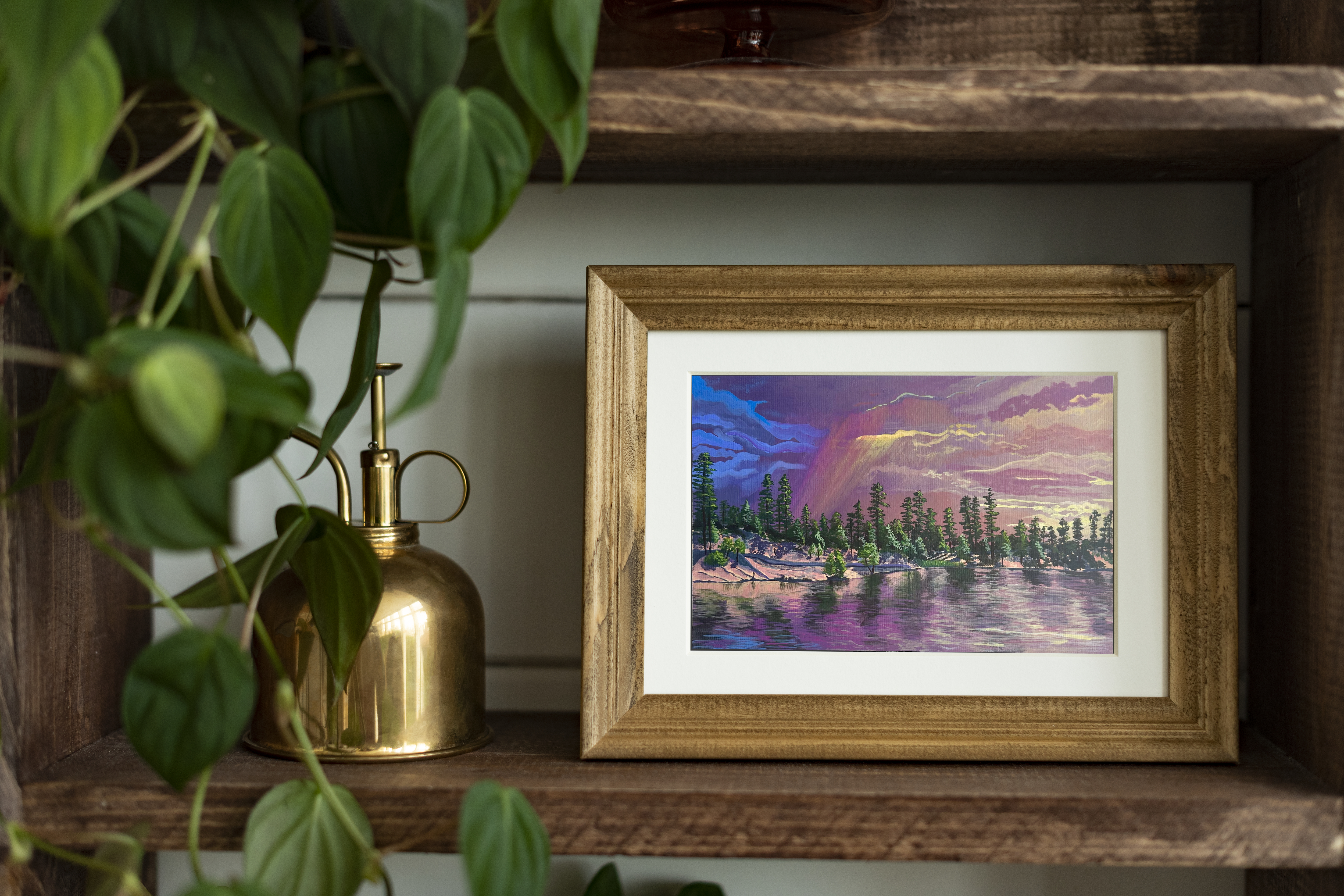 Original painting. Small painting of Rose Canyon Lake on Mt. Lemmon near Tucson, AZ. A dramatic and colorful sky is reflecting in the lake below with pine tress lining the horizon.