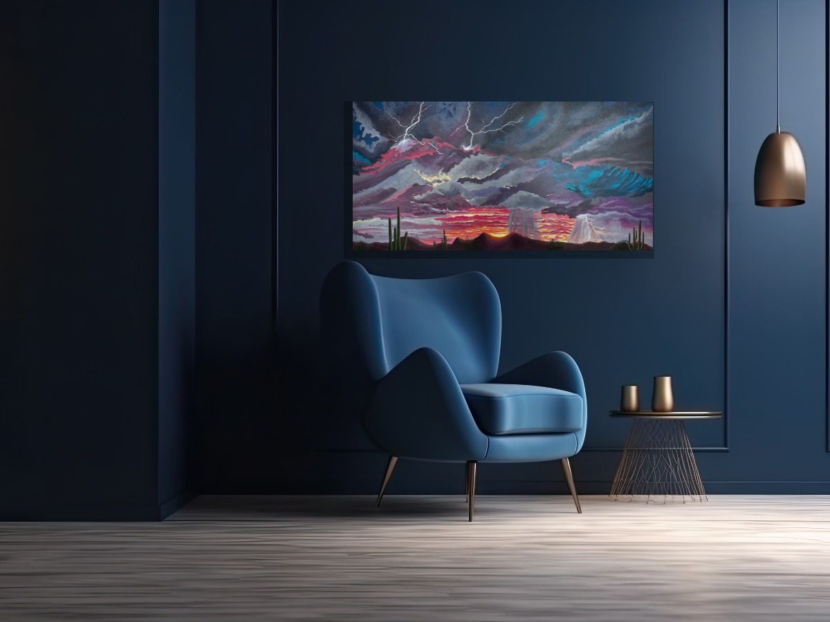 Original Painting. A monsoon passes over the desert landscape. Large purple and blue clouds swirl in the sky with 3 sets of lightning throughout. A beautiful pink sunset lights up the mountains below.