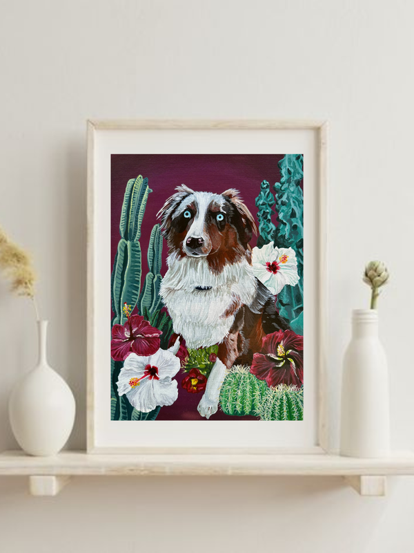 Custom Pet Portrait of bright blue-eyed dog surrounded by white and maroon hibiscus flowers.