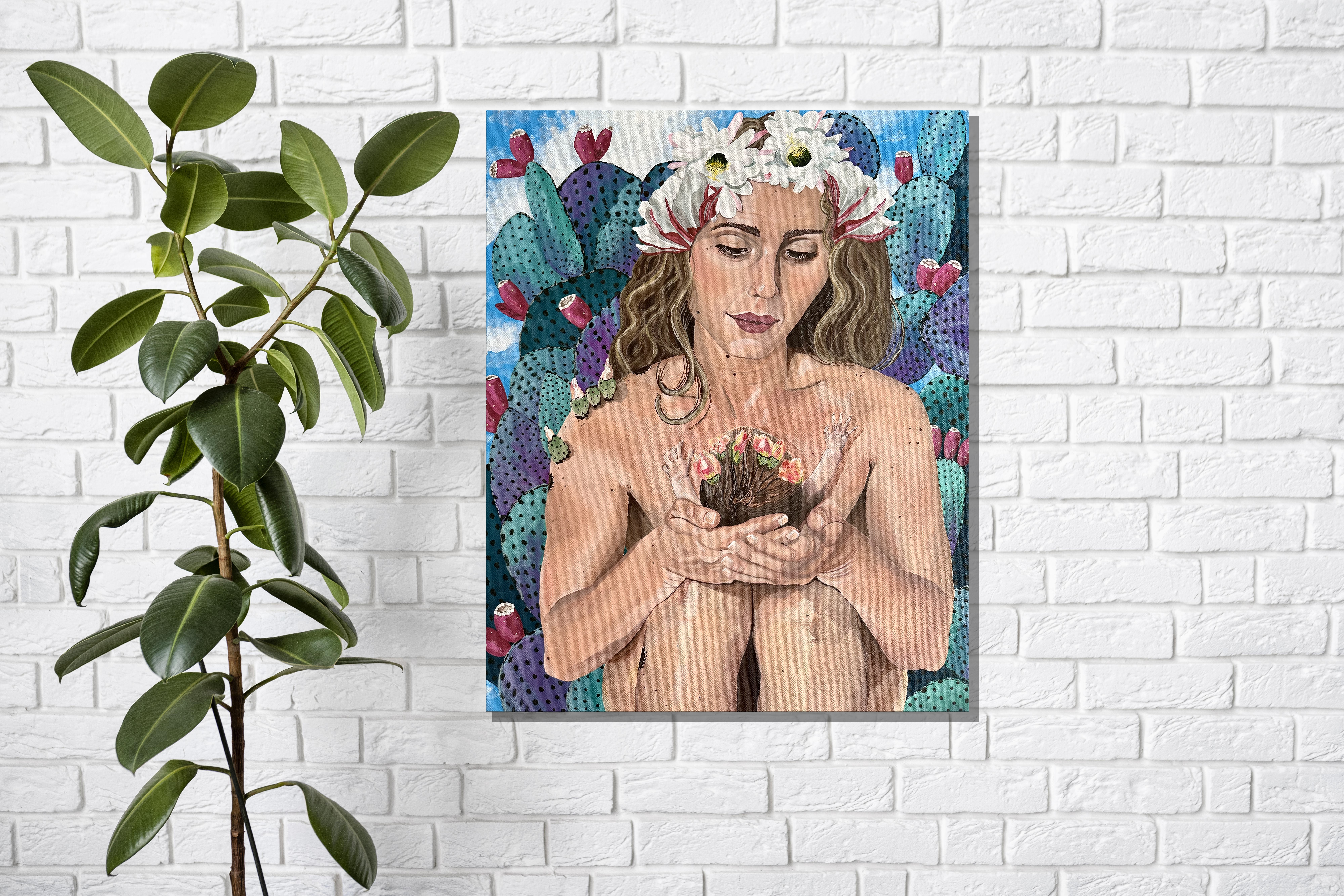 Original Painting. New mother holds her newborn baby. The background consists of colorful prickly pear cactus. Both mother and baby wear beautiful flower crowns.