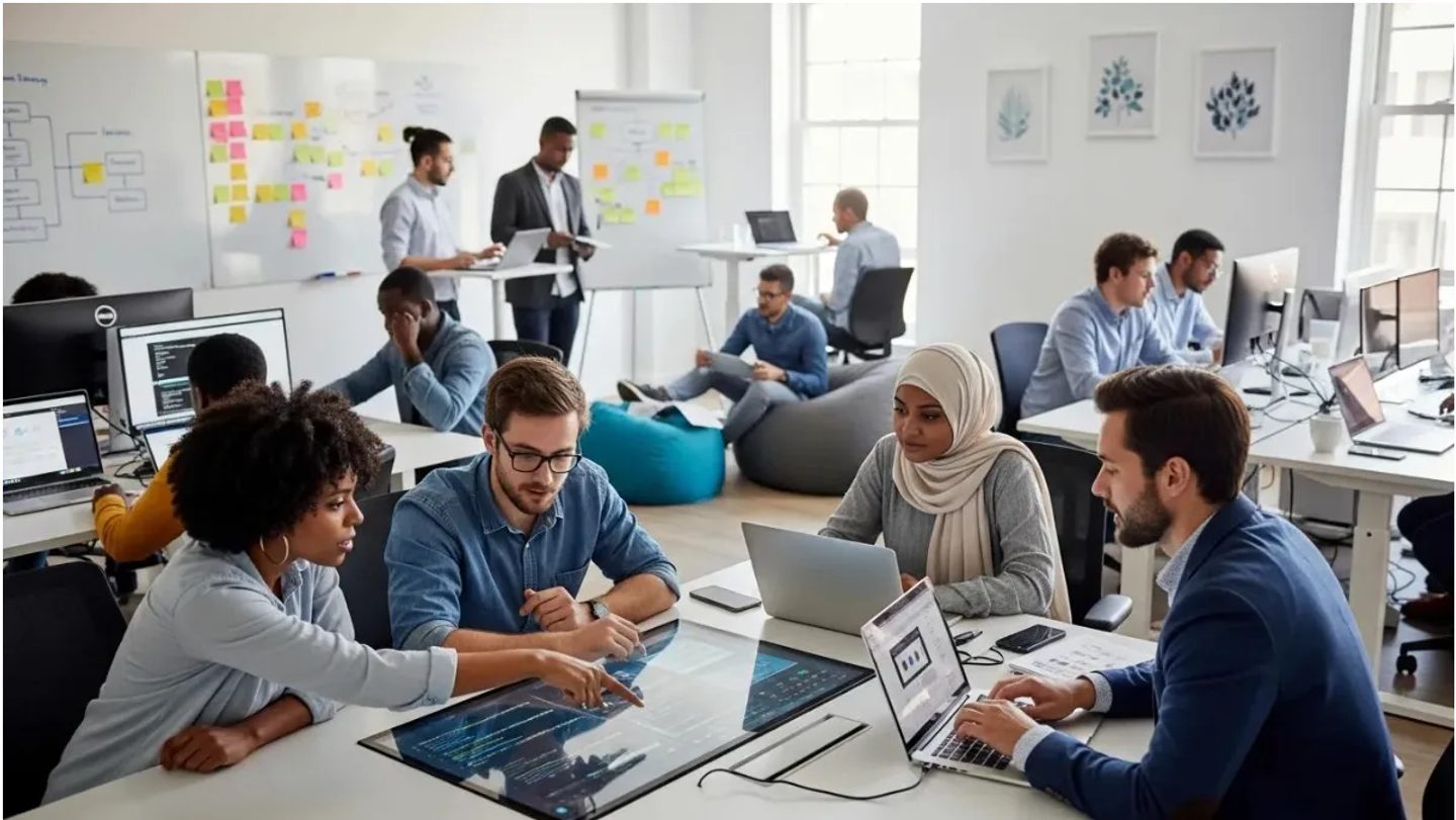 A team working together around laptops and a whiteboard in an open office.