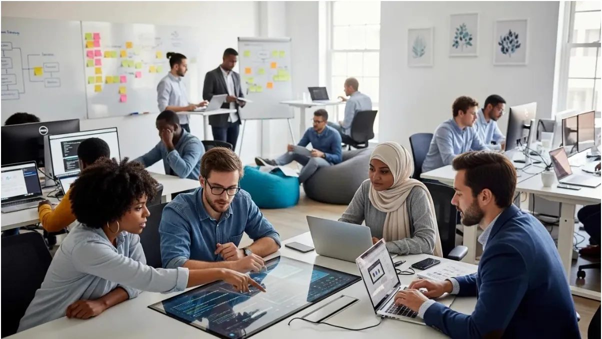 A team working together around laptops and a whiteboard in an open office.