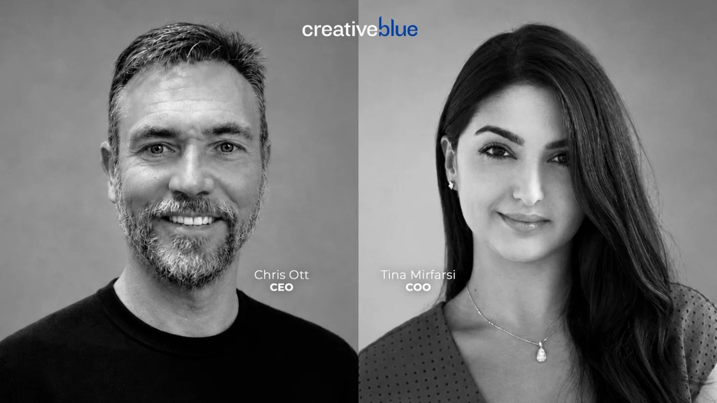 Black and white portraits of Chris Ott, Founder and Chief Executive Officer, and Tina Mirfarsi, Chief Operating Officer of Creative Blue