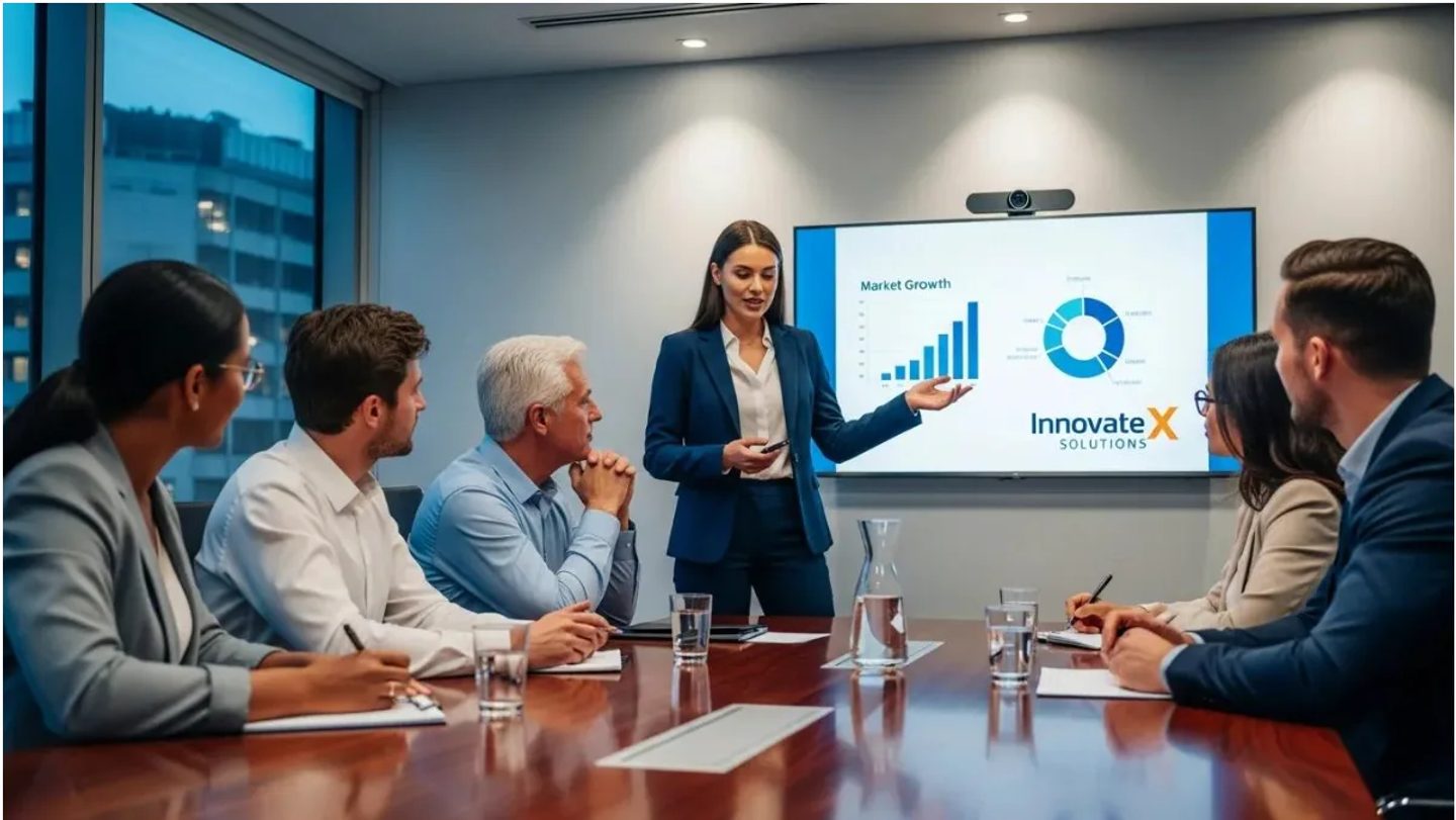 A founder presenting to a room of investors in a boardroom.