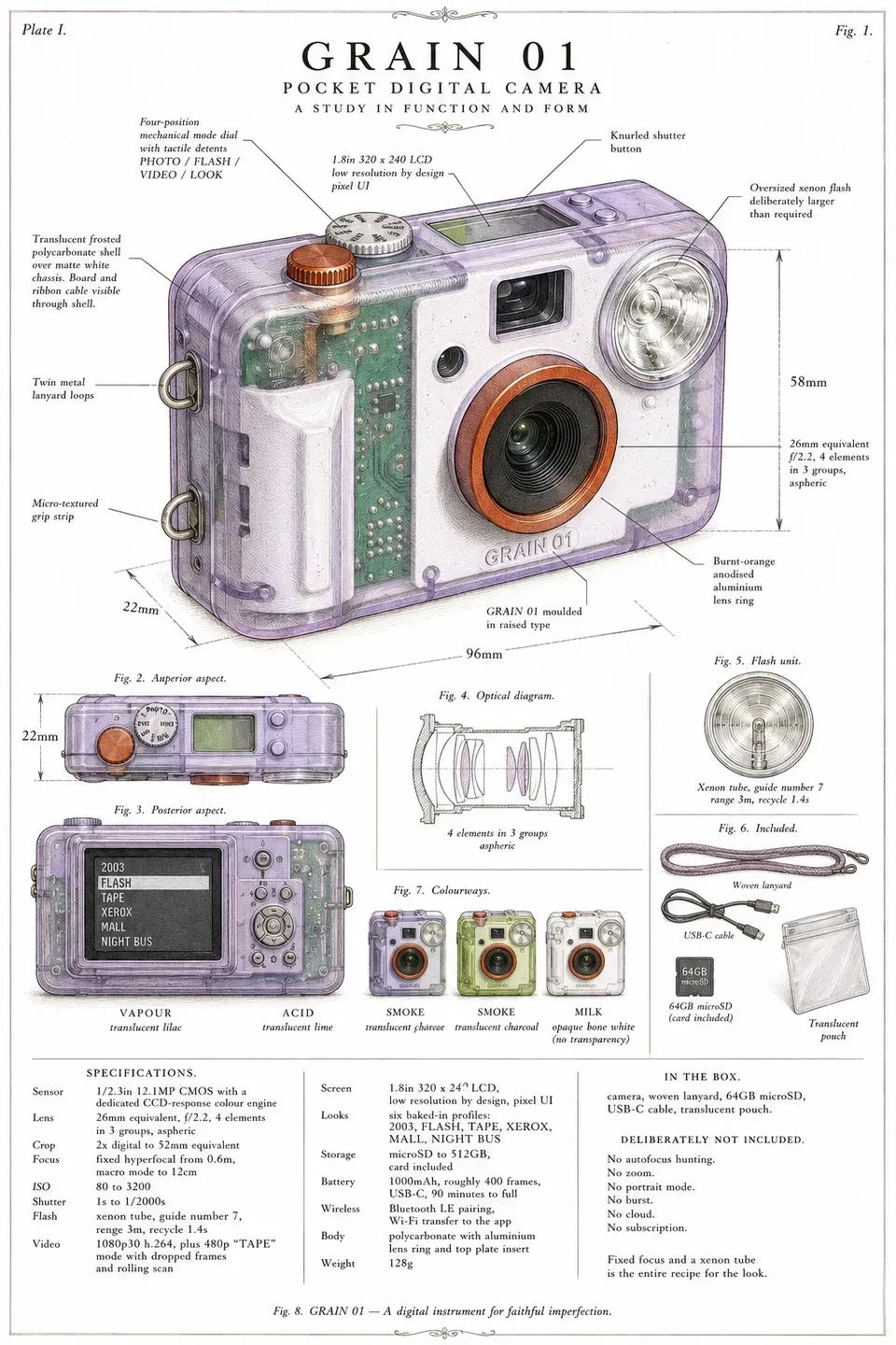 A GRAIN 01 specification sheet drawn in the style of a patent filing, with numbered figures, a parts key and dense small print down both margins.