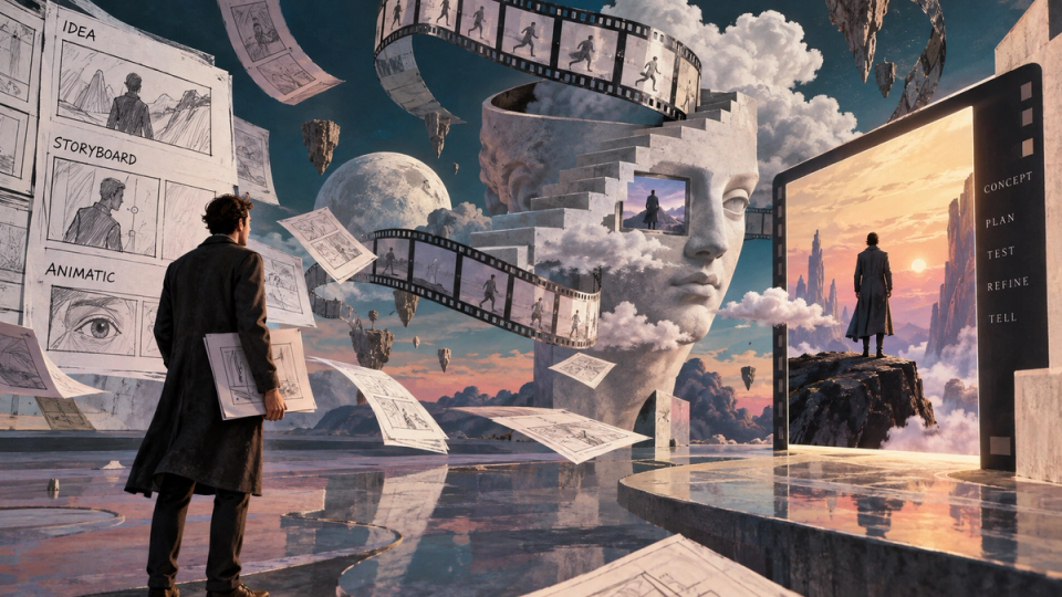A storyboard row where three frames are sketches and three are photoreal, side by side.