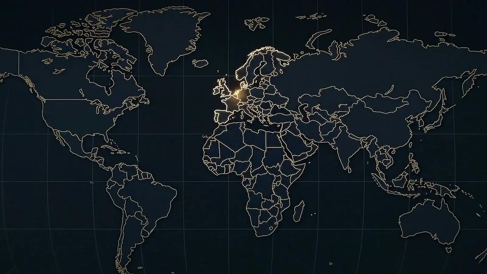 A dark world map in thin gold outline with the Netherlands lit in warm yellow, everything else unlit.