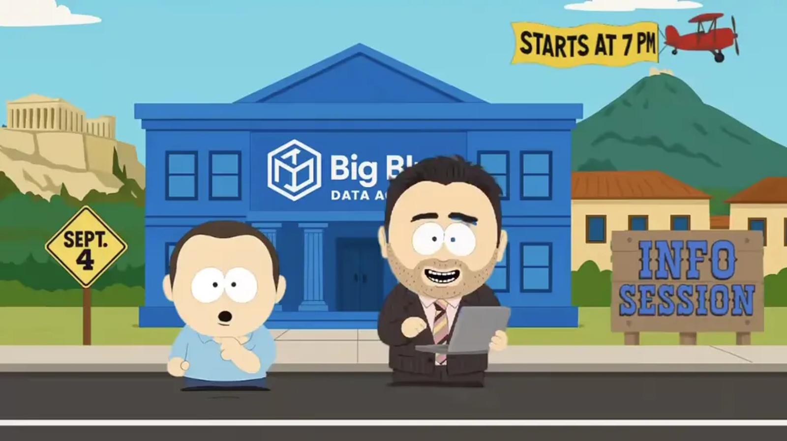 A frame from the info session promo, drawn in the flat cut-paper style of South Park.