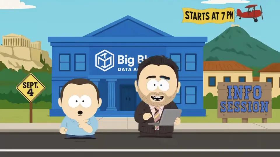 A frame from the info session promo, drawn in the flat cut-paper style of South Park.