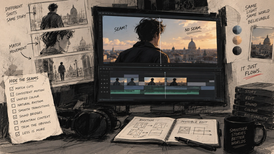 An edit timeline with cut points marked on motion peaks.