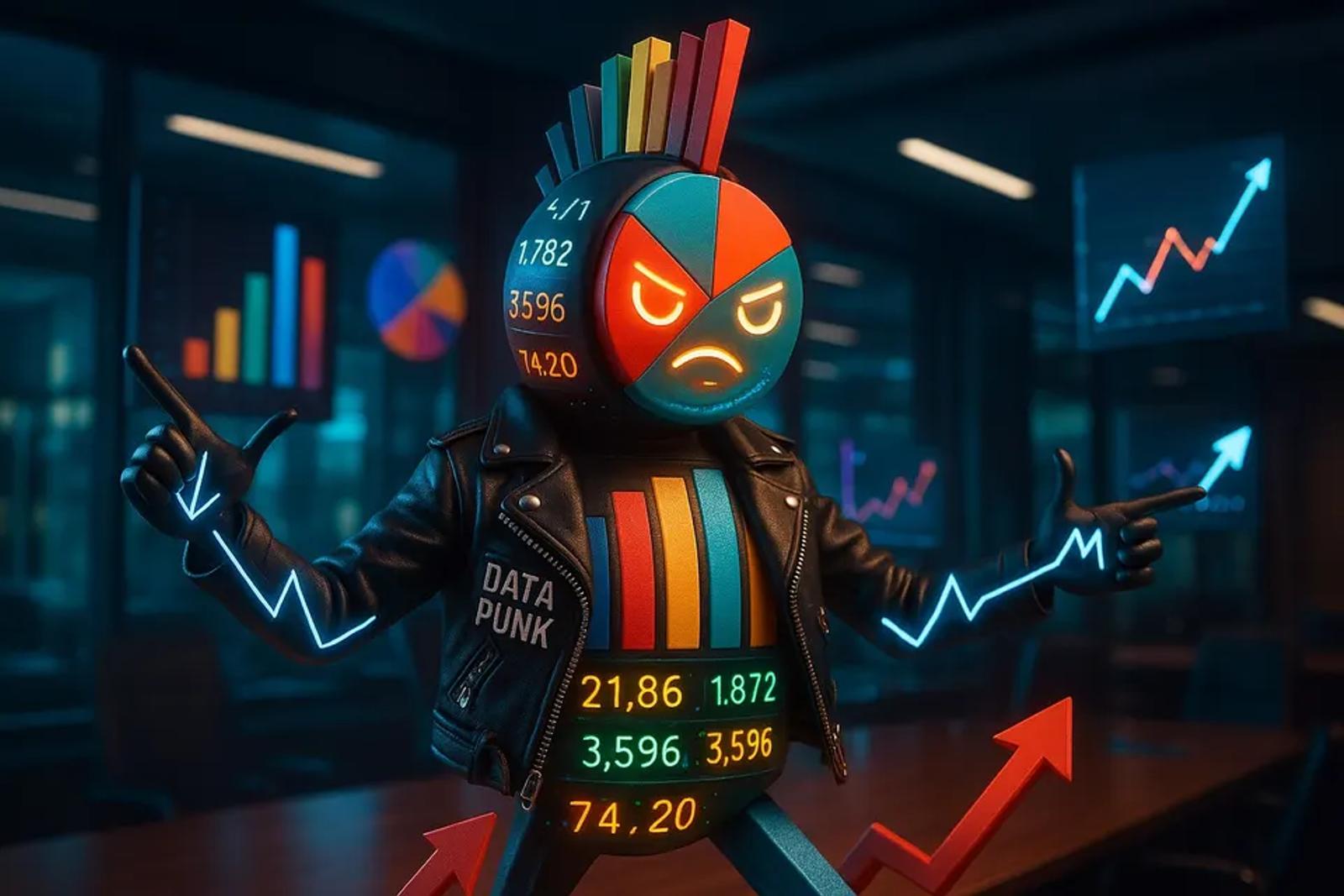 A photoreal punk figure in a dark office, head a segmented pie chart with orange eyes, mohawk of coloured bar-chart columns, leather jacket stencilled DATA PUNK.
