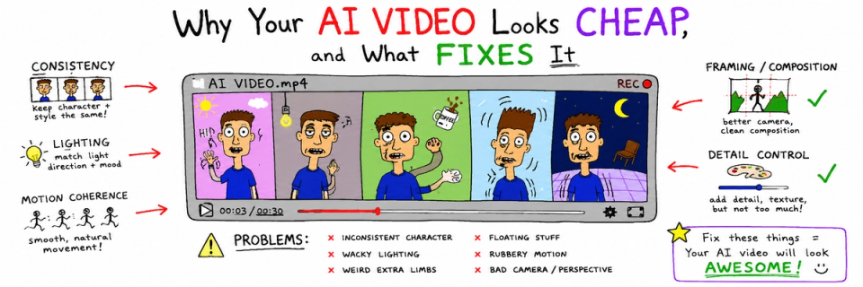 Nine video frames arranged in a grid, each marked with a diagnostic annotation pointing at a specific visual failure.