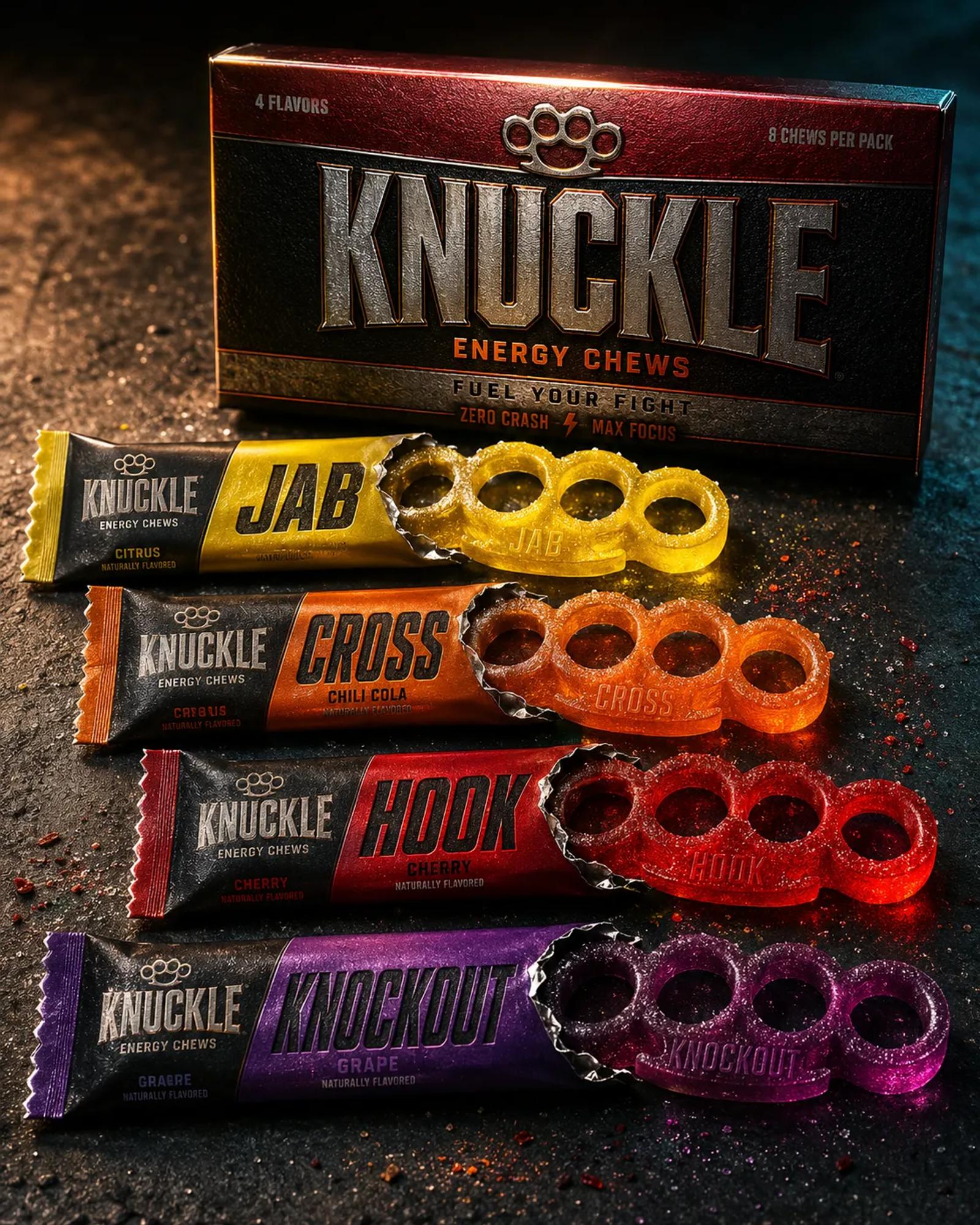 A KNUCKLE Energy Chews carton standing behind four flavour wrappers, JAB in yellow, CROSS in orange, HOOK in red and KNOCKOUT in purple, each with a matching four-hole moulded sweet beside it.