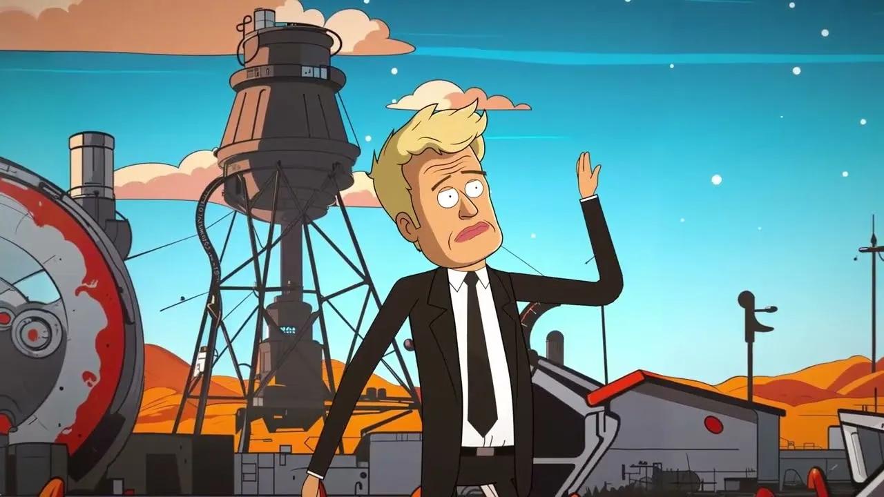 An animated frame of the chef in a black suit and tie in front of a water tower on the colony, one hand raised.