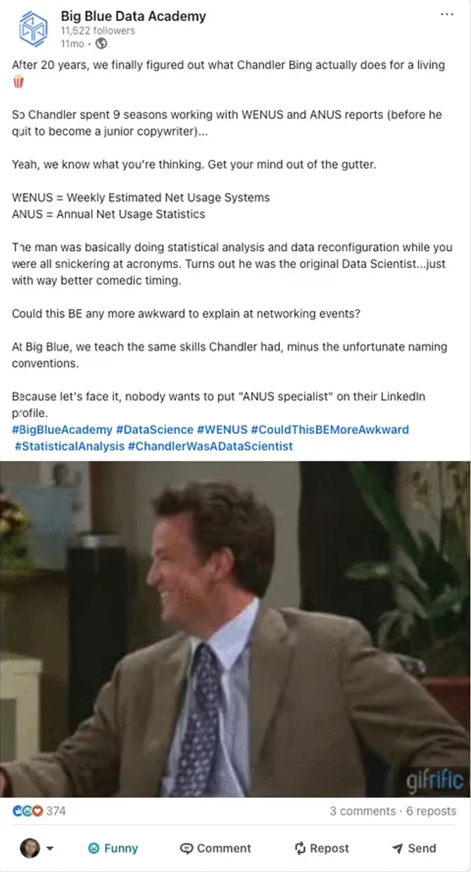 The LinkedIn post that ran furthest, a sitcom-still joke card about learning data.