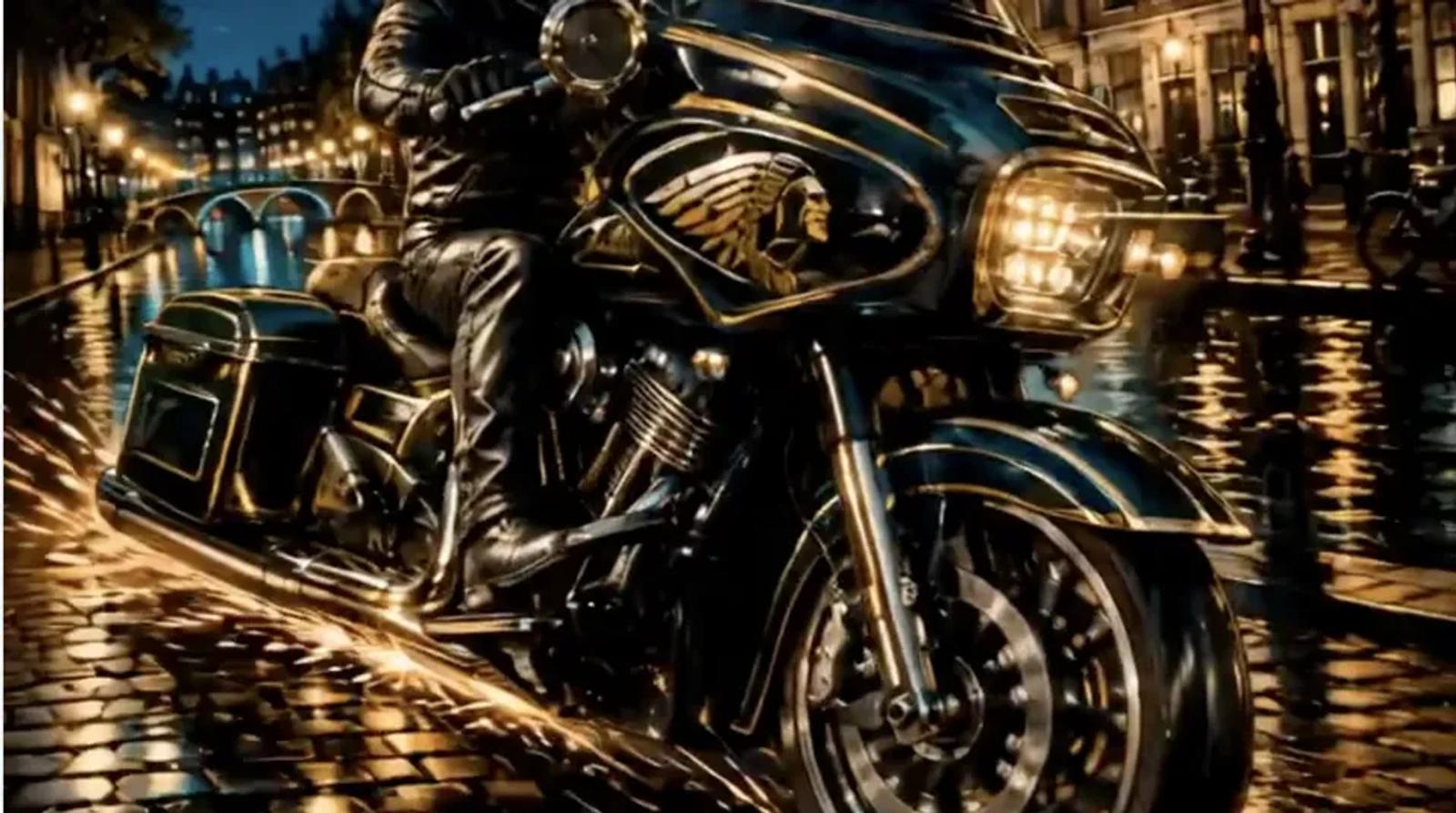 A close, low three-quarter view of the Indian Elite on wet cobbles at night, chrome and lamplight running along the tank and the fairing.