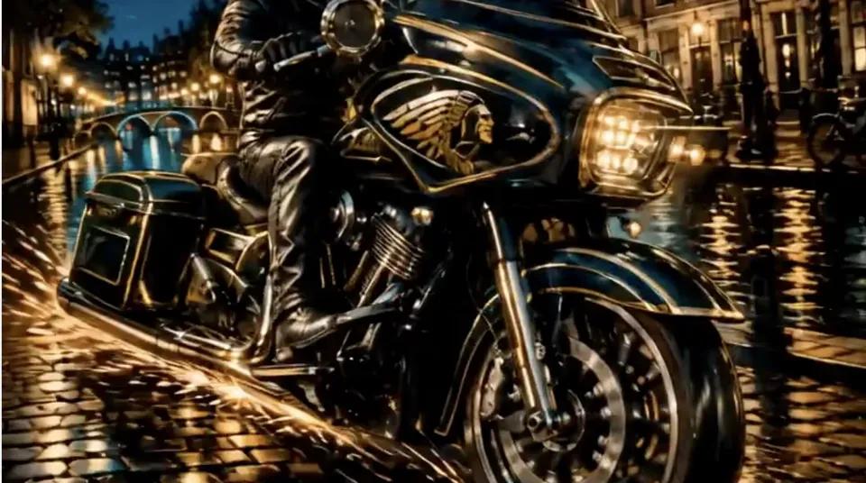 A close, low three-quarter view of the Indian Elite on wet cobbles at night, chrome and lamplight running along the tank and the fairing.