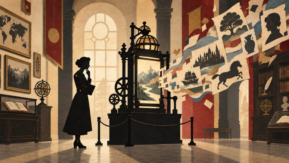 a lady watching a machine in a museum animation