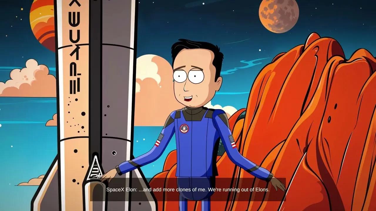 An animated frame of the astronaut in a blue flight suit beside the booster, arms out, mid-line.