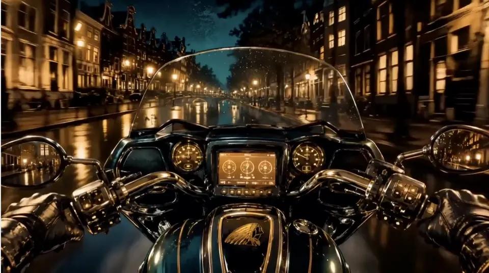 A rider-eye view over the handlebars and instrument pod of the Indian Elite, down a wet canal street at night with lit windows down both sides.