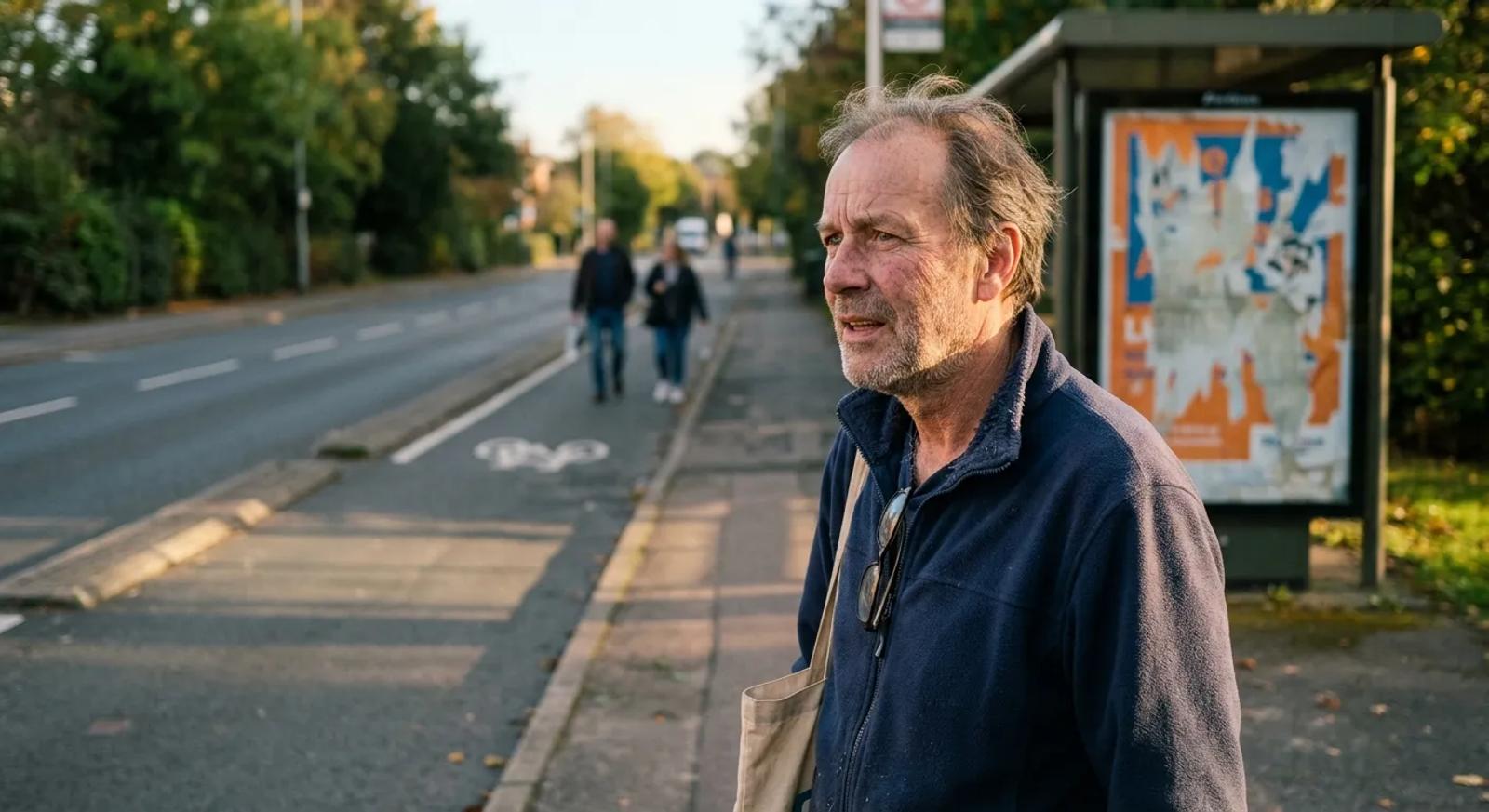 An older man with grey stubble and a navy fleece stands near a bus shelter in low afternoon sun, looking down the road past the camera, a torn poster in the shelter behind him and two people walking up the pavement in the distance.