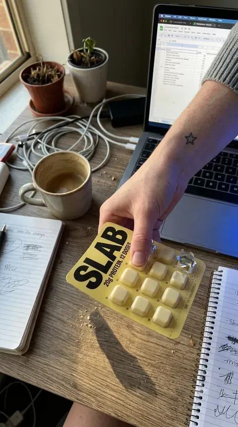 A hand setting a SLAB tray down on a wooden desk beside a laptop, a notebook and a cup of coffee.
