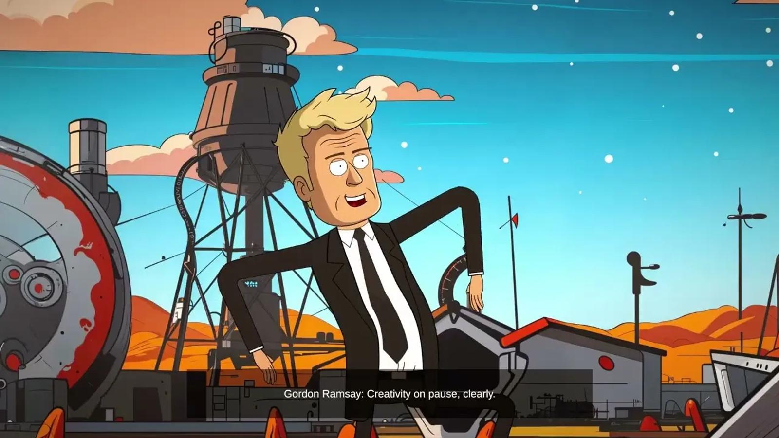 A wide animated frame of a Mars colony: two figures in front of a landed rocket and a domed habitat, orange rock formations behind them and a blue sky above.