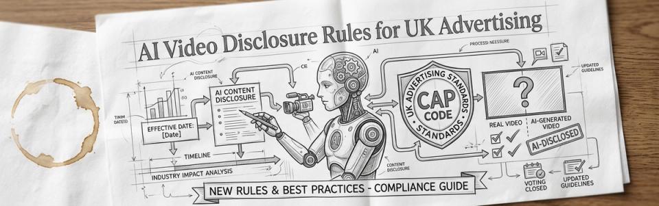 A broadcast frame with a disclosure label burned into its lower third, shown against a wall of regulatory paperwork.