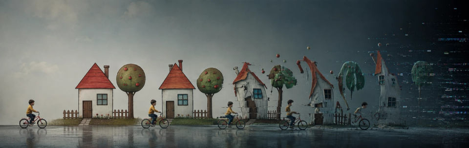 A filmstrip in which the early frames are crisp and the later ones progressively dissolve into inconsistency.