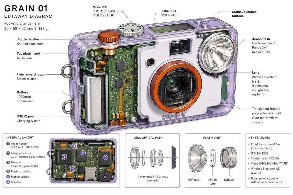 A GRAIN 01 cutaway diagram: the camera drawn in exploded technical form with the internal board, battery, lens optical path and flash unit called out in small labelled type.
