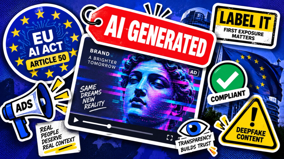 A European regulatory seal rendered as a circuit of twelve stars, half of them lit, over a wall of synthetic video frames.
